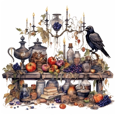dark arcadia watercolor big old wooden table full of witches potions, candles, skulls, roses, vines, goblet, spoons, raven, bones, frogs, clip art