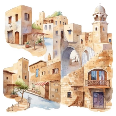 watercolor mardin town in turkiye, illustrations clipart set, simple, , cartoon elements ,different variants , historic stone houses,historic buildings, cobblestone lanes, tone facades of the buildings, Mardin's stone Alleyways separate elements with a margin