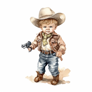 Clipart, watercolor, white background: Create a clipart of a baby cowboy holding a toy pistol, with a cowboy belt and Western attire