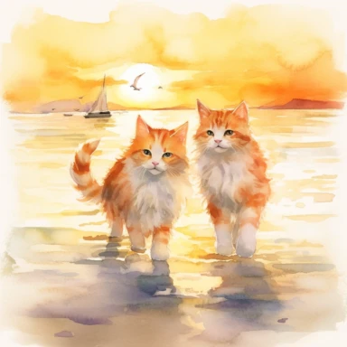 cute and lovely smilingAs the sun begins to set, the cats take a leisurely stroll along the water's edge. They marvel at the vibrant hues painting the sky, casting a golden glow on the beach. Content and relaxed, they savor the tranquil atmosphere before bidding farewell to their beach vacation. watercolor white background for clipart 8k ultra detail high sharpness ultra detail a detailed realistic painting