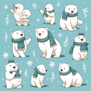Charming polar bear clipart in the style of john james audobon, showcasing these adorable arctic animals in various playful poses and expressions, adorned with winter accessories