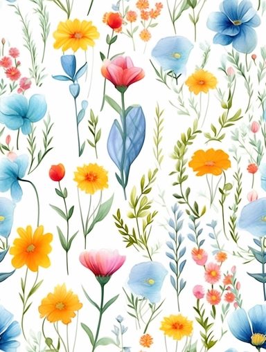 flora, flowers, Watercolor, vector, white background, clipart, Seamless patterns, repeating patterns design, flat illustration, outlined , Vector, 4K, Art station, digital print, highly detailed clean, A detailed illustration a field,3D vector art, cute and quirky, fantasy art, watercolor effect, bokeh, Adobe Illustrator, hand-drawn, digital painting, low-poly, soft lighting, bird's-eye view, isometric style, retro aesthetic, focused on the character, 4K resolution, vector image, photorealistic 
