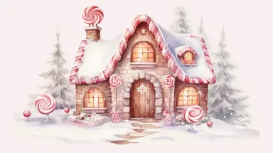 Watercolour illustration, christmas scene, brown chocolate house with white and red coloured candy, light pastel pink background, fairy tale, fairy tale pink wooden door and window, coloured lollipops and sweets, clipart, sublimation graphics, by Beatrix Potter, watercolour clipart, unique design, print on demand image, transparent PNG background, winter evergreens in the background, 8k