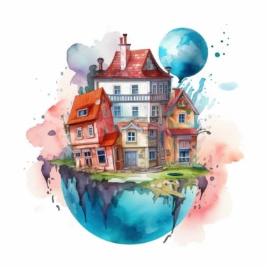 Vector clipart, isolated on white background, Watercolor, one very big house located on the surface of the earth globe, pastel and saturated colors
