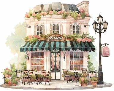 Clipart, Watercolor painting, coffee shop, As the gentle breeze carries the faint scent of freshly brewed coffee, you find yourself captivated by the scene before you. Nestled among a quaint street lined with charming buildings, a picturesque cafe comes into view. The outdoor seating area beckons with its rustic charm, adorned with wrought-iron chairs and tables adorned with vibrant potted flowers. The centerpiece of the cafe is an intriguing structure, an architectural marvel that combines clas