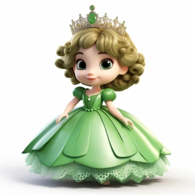pixar style little princess clipart, green tone colors, big eyes, smiling, lovely, adorable, full body, on white background