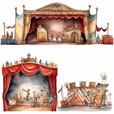 watercolor 1910s 1920s 1930s 1940s theatre stage, illustrations clipart set, simple, , cartoon elements ,different variants ,shows,separate elements with a margin