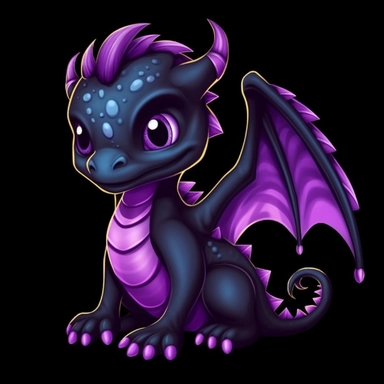 cute cartoon black and purple dragon clipart, black background,--no cut off edges