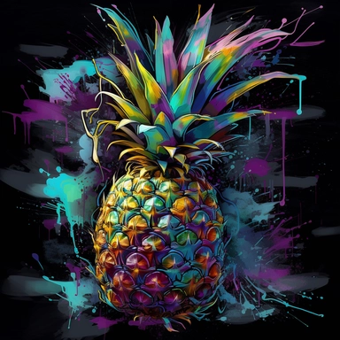 pineapple, clipart artwork print, a visually striking fusion of saturated colors like lime green, dazzling purple, and bold teal on a black canvas, chaotic elements blending seamlessly into an unexpectedly coherent design, showcasing the beauty of controlled chaos in wearable art