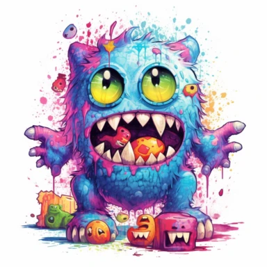 retro vintage antique horror kawaii single monster clipart surrounded by a white background, rotten, ben templesmith, lisa frank, frank frazetta, richard scarry, clean border, white background