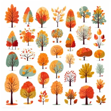 Element of cute autumn trees, shrubs, oak, birch, aspen, linden, fir, sun cliparts in vector illustration. white background.