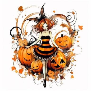 watercolor style Halloween fairy, clipart, large orange,wings, black white stripes, pumpkin, isolated on white background, in the style of Amy Brown, beautiful fall floral, bright color, crisp lines, chaos 8