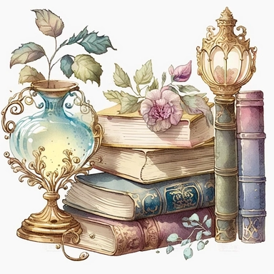 watercolored image of antique books , on an golden leaf shelf , with decorative borders , flowers and golden glass fixtures next to the books , clip art , baroque style, washed out pastel colors , glow clip art ,white background