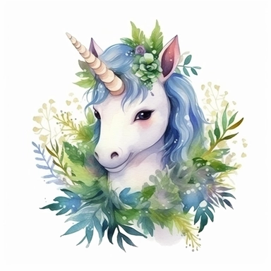 baby cute unicorn, watercolor, clipart, stading in the forest
