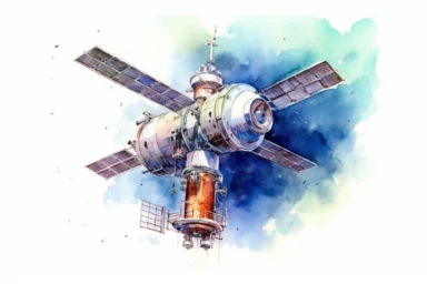 Watercolor, Create a visual representation of a satellite in a Molniya orbit, optimized for communication in high latitudes with a highly elliptical orbit clipart, hd, on a white background, spaced out