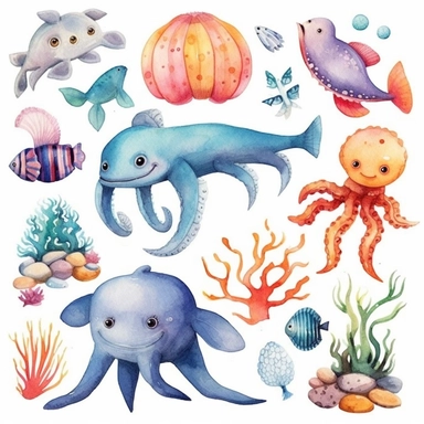 Create a set of childlike watercolor clipart featuring adorable sea animals. Use a vibrant color palette with soft pastel tones to capture the playful and whimsical essence. Draw inspiration from children's storybook illustrations, infusing the creatures with innocence and charm. Include a cheerful dolphin, a smiling starfish, a friendly octopus, and a curious seahorse among the delightful collection