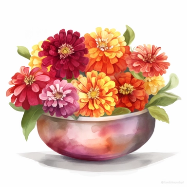 Design a watercolor clipart vignette of zinnia flowers in a colorful ceramic bowl, using the Michelangelo-inspired Watercolor Haven style on a white background. Focus on the rich color palette, intricate details, and the beauty of the zinnia flowers, making it a versatile element for home or garden-themed projects.