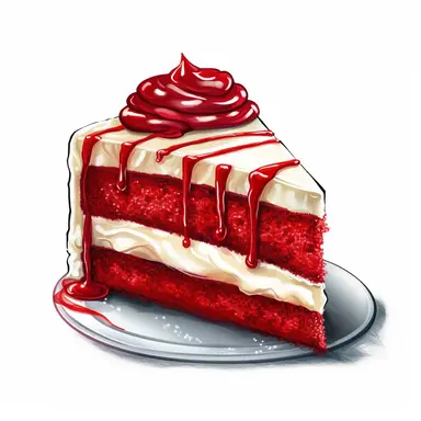 Design a clipart image of a red velvet cake white background. Depict a moist and velvety red-colored cake layered with cream cheese frosting, creating a visually striking dessert.
