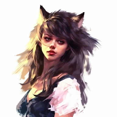 beautiful stunning pretty vintage werewolf female character, paint art style, clipart, white background, superrealistic, one of a kind