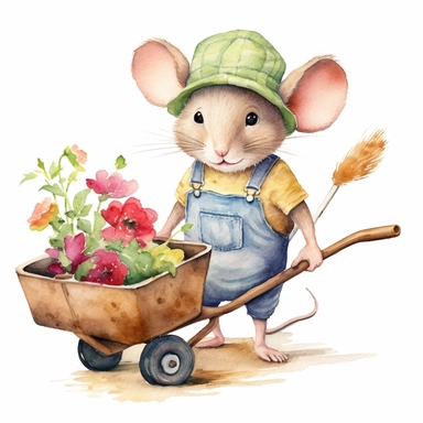 a playful watercolor clipart image with a white background, showcasing an enthusiastic cute cartoon mouse gardener with a straw hat and a wheelbarrow full of gardening tools, ready for a day of work.