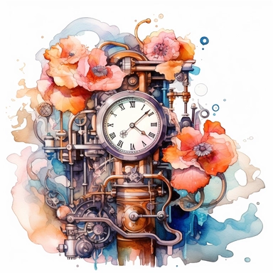 Embark on a creative journey that fuses the whimsy of watercolor with the industrial charm of steampunk, resulting in a unique collection of floral arrangements clipart that commands attention. Employ watercolor as the chosen artistic medium, harnessing its fluidity and transparency to infuse the compositions with an ethereal quality. Draw inspiration from steampunk genres and artists like Sydney Padua and incorporate steampunk motifs such as gears, cogwheels, and brass accents into the floral a