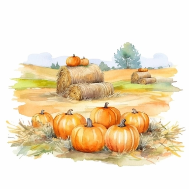 picturesque scene, pumpkins and hay bales, clipart on white background, watercolor style, autumn vibes, high detail high quality 8k, painted by Beatrix Potter