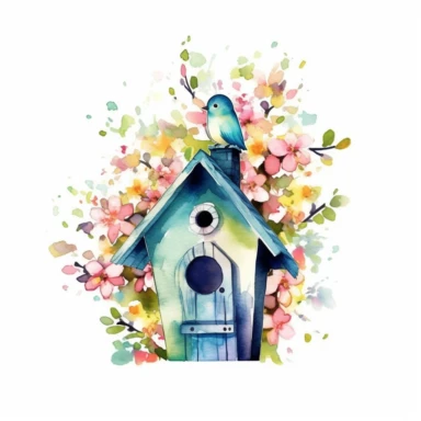vector clipart, isolated on white background, beautiful lovely Watercolor Spring wooden bird house hanging on the white bloming tree, ornated, vivid and saturated colors