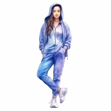 watercolor style, beautiful asian american woman wearing tracksuit, hoodie and sneakers, realistic, clipart, isolated on white background, 4K