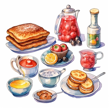 Collection of clipart drawings, breakfast, bold colours, white background