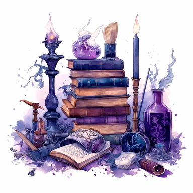 a wizzard study space with scrolls, candles, books, magical items, potions, watercolor, clipart, airbrush art, scientific illustrations, realistic color schemes, intense deep purple and navy blue colors, white background