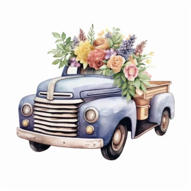 old vintage truck carrying full of flowers on the back, soft pastel color, watercolor style, Sublimation Clipart,hyper realistic, intricate detail, illustration style,high solution,on the white background