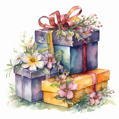 insanely beautiful pile of 3 gift packages , in the style of beatrice potter, 32k uhd, hand-painted details, pastoral illustrations, amazing colour combinations , aquarellist, hd , white background clipart ,-- no watermark--ar 27:37