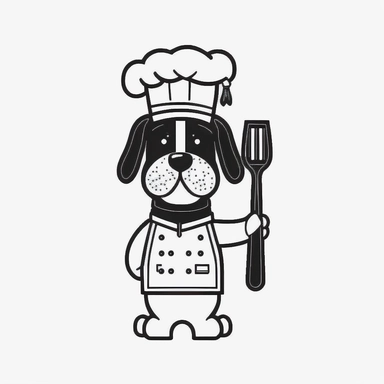 dog chef, . humorous, clipart, flat 2d vector, minimalist, black and white, kids cartoon, svg cut file, line art drawing