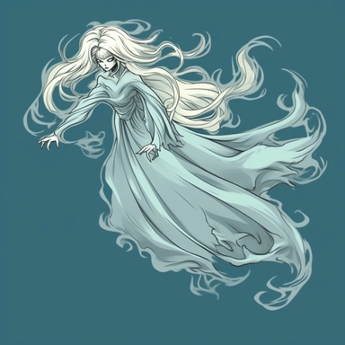 Create a cartoon-style clipart of a translucent banshee with flowing silver hair. The banshee should be depicted with a mournful expression and ghostly, ethereal features. Against a plain, high-contrasted background, Midjourney should use light, wispy str