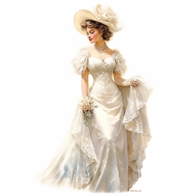 A Victorian lady in an ethereal ivory gown, adorned with intricate lace appliques and delicate pearl embellishments. Her serene expression and poised demeanor radiate timeless beauty. Against a white background, every aspect of her Victorian attire, from the flowing fabric to the ornate headpiece, is depicted with meticulous detail and lifelike precision. Clipart, watercolor, white background, intricate detail, unreal engine cinematic smooth