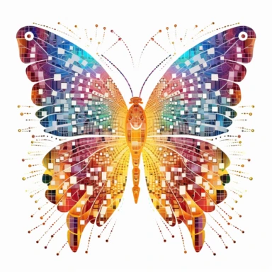 clipart of geometric butterfly, matrix code, intricate, vibrant chakra colors, sacred geometrical patterns, on white background