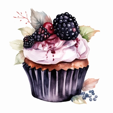 watercolor black berry cupcake clipart, hd