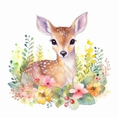 un petit faon couché dans un parterre d'herbes et de fleurs, couleurs douces, couleurs pastel, style aquarelle, illustration pour livre d'enfants, clipart sur fond blanc