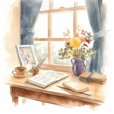 watercolor student desk by the window with books, notebook, coffee cup and flowers, romantic setting, soft earty colors clipart, solid white background, highly detailed, hd, 8k