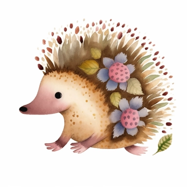 1 beautiful brown whimsical hedgehog, hedgepig, Erinaceus, realistic, doodled by a child, simplified, folk art, cartoony, watercolor texture, soft brush strokes, clipart on white background, high resolution, free margins