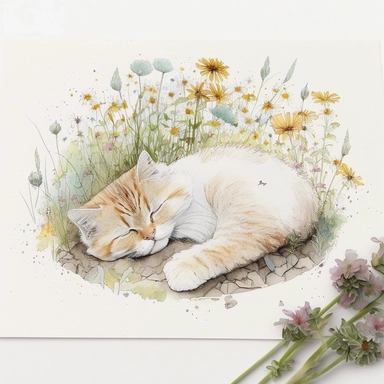 watercolor and pencil drawing of an cute kitten sleeping in the garden bed of flowers, ​happy, gentle smile, beautiful watercolor ink wash coloring, thick pencil lines, Jon klassen, beatrix potter, popular on etsy, watercolor illustrations clipart, watercolor illlustrations for kids and children, plain white background
