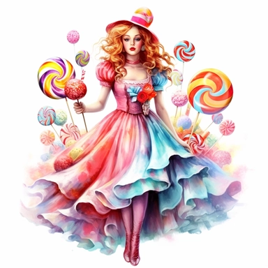 Fairytale style beautifull over realistic victorian styled dressed girl in the candyland with watercolor effect,candyland scene,candies,fantasy style,realistic features,vibrant colors,suitable for digital clipart,white background