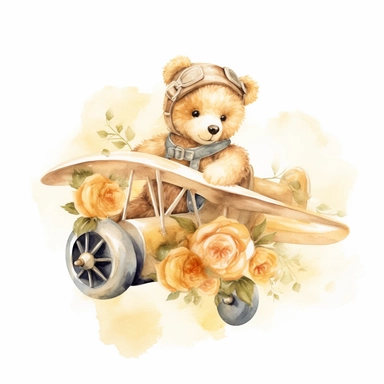 Watercolor Happy Teddy Bear Clip Art, Baby Shower, style headband sitting on driving airplane, toy sweet and tender eyes on paper with a floral dress with a very delicate smile, by Dreamwork style, golden soft light,