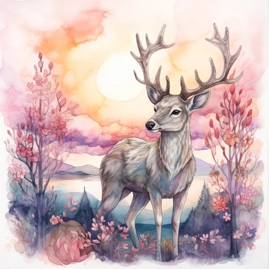 watercolor, hyper realistic, white background, white margins, 16k, ultra detailed clipart, cut out image, hand-drawn illustration style for picture books A magical deer with antlers made of branches and leaves, standing in a bed of blue and purple flowers with a pink sunset sky in the background.