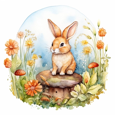Cute bunny in a whimsical garden, watercolor by Cicely Mary Baker, clipart, solid background.