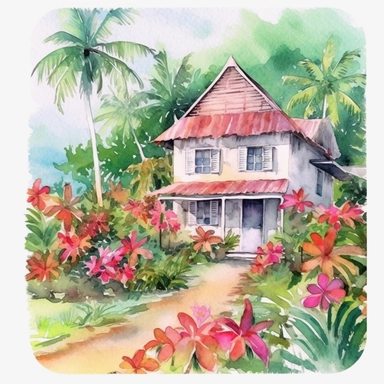 Watercolor Caribbean House surrounded by pink bougainvillea and tropical coconut trees ,clipart,whitebackground