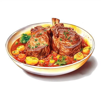 Osso Buco: Braised veal shanks with vegetables, white wine, and broth, watercolor clipart illustration, flat blank transparent background, food photography, soft cinematic lights, juicy, bright, high quality, ultra detailed, 32k