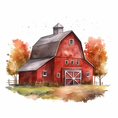 vector watercolor front view only red barn in autumn clipart on white background, from the front red barn in autumn colors, photorealistic, ultrarealisticno background, on whit