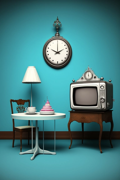 Stunning art of room landscape, happy birthday cake, minimalism, bright colors, old antique tv , walls , clock, table , chair , clip art, blue brown black and white color