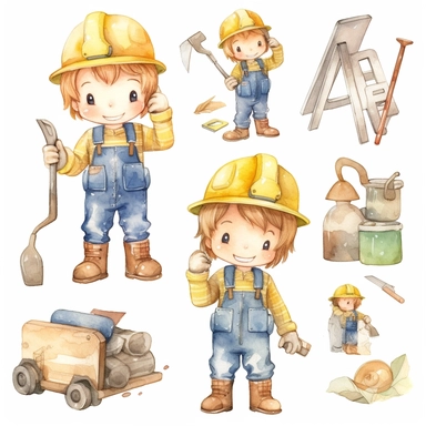 Watercolor collection clipart boy construction worker cute childish neutral colors on white background